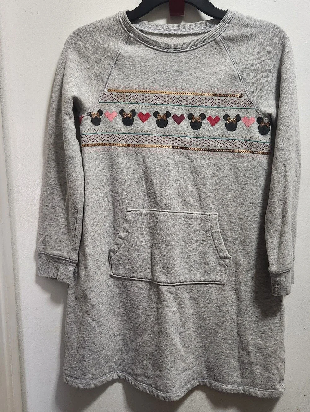Girls Gray Long Sleeve Minnie Mouse Heart Sweatshirt Dress Sz 8